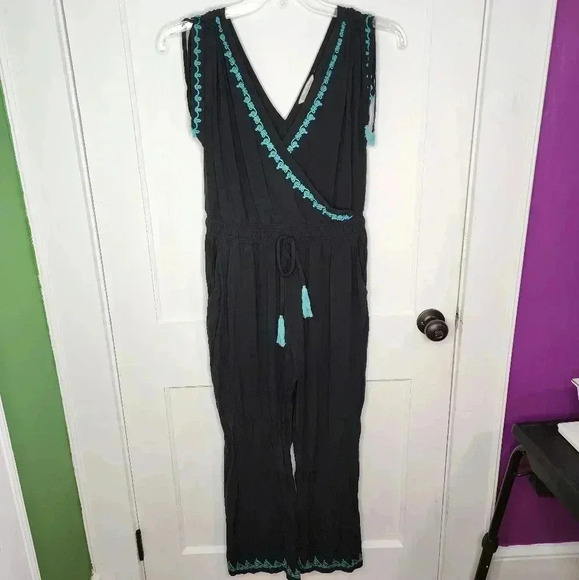 Soft Surroundings Baja Jumpsuit Black Turquoise Embroidery Tassel Size Small - Picture 1 of 6
